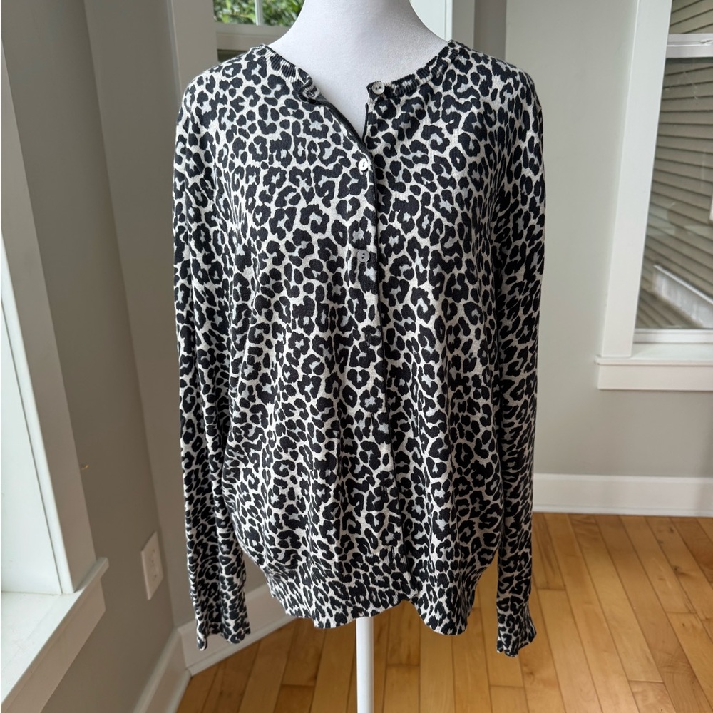 Lands’ End Black White Leopard Print Cotton Crewneck Cardigan Sweater Size Large